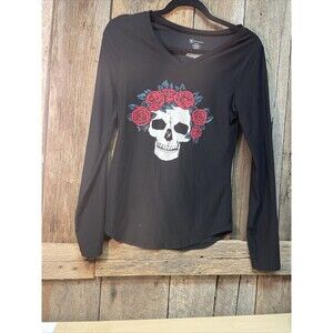 No Boundaries Womens Shirt Juniors Size Medium‎ 7/9 Black Skull Floral V Neck
